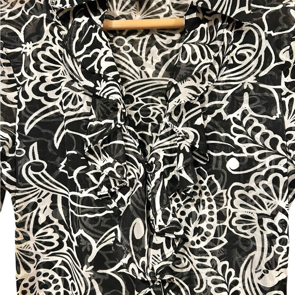 Vintage INC International Concepts Black Ruffle Neck Button Up Blouse Sheer Y2K - Picture 3 of 7